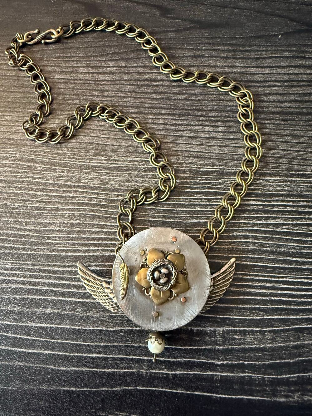 Vintage Artisan Steampunk Winged Flower Statement Necklace Mixed Metal Chain